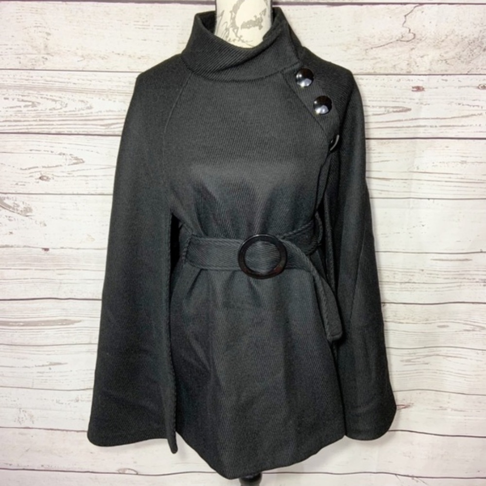 Tibi Black Virgin Wool Cape Coat with Optional Belt